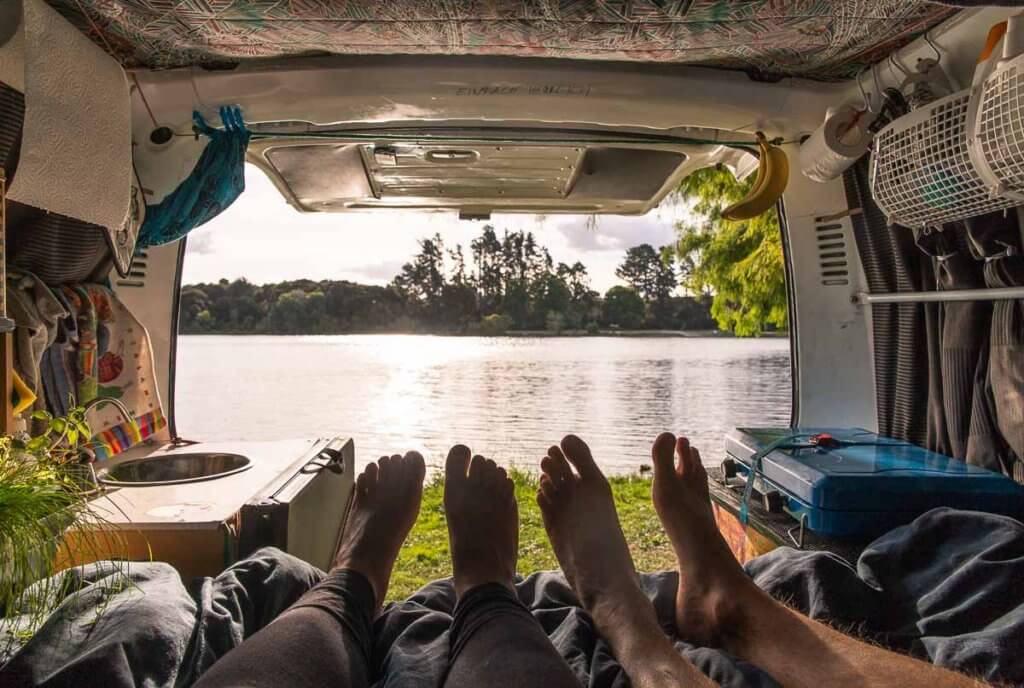 Chillin in our van on Lake Arapuni